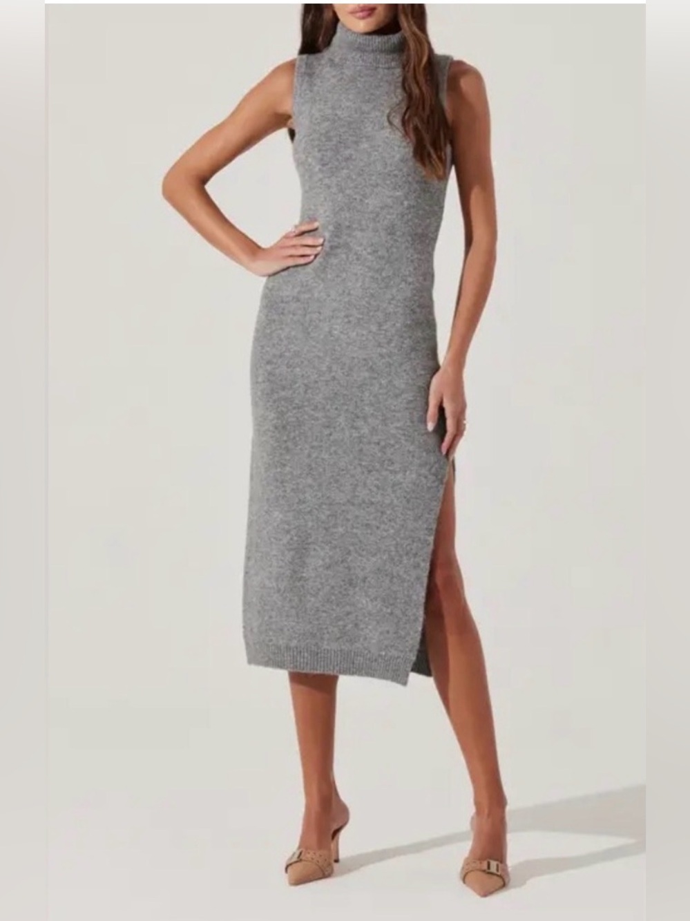 ASTR The Label Gray Ribbed Mock Neck Midi Dress Wool Blend Small